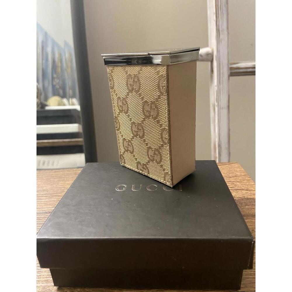 Gucci Beige Web Canvas Tan Leather Flip Cigarette Case W Box